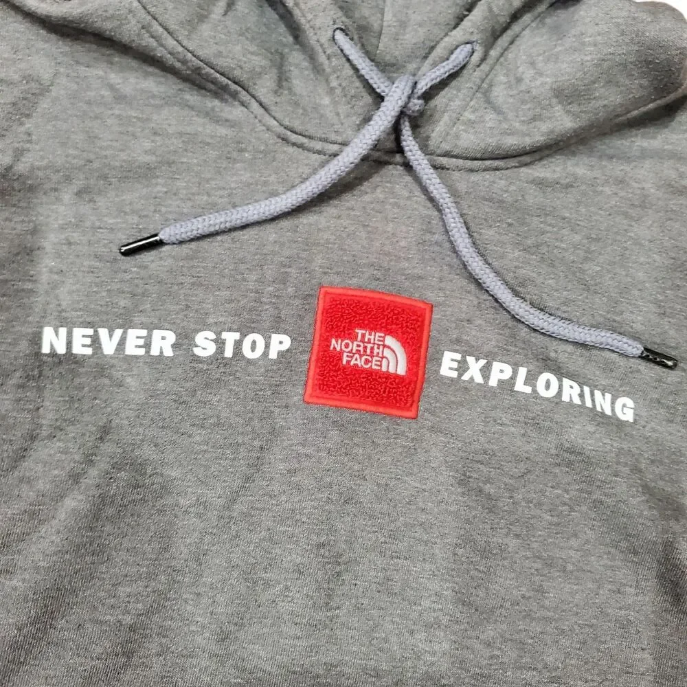 THE NORTH FACE Sweater Mens Medium Gray NEVER STOP EXPLORING Spell Out Hoodie